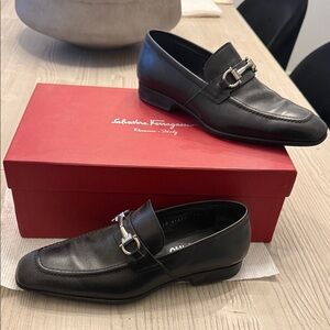 Salvatore Ferragamo Black Leather Slip-On Loafers